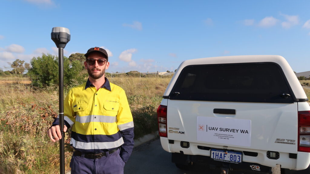 Team member from UAV Survey WA conducting rtk gps survey, representing the experienced and professional staff behind our aerial surveying services in Perth Western Australia.