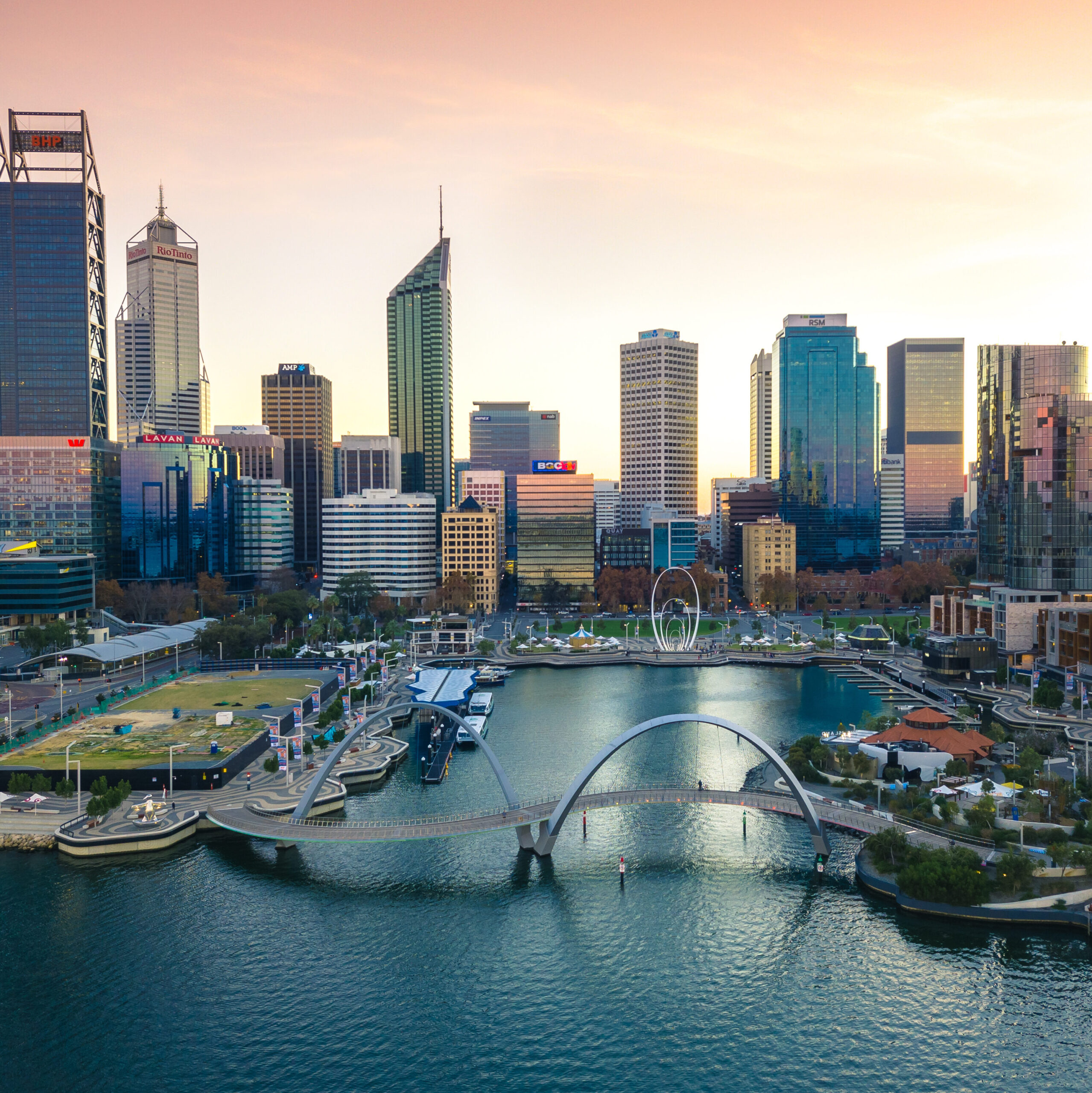High-resolution aerial view of Elizabeth Quay in Perth, Western Australia. Highlighting urban architecture and waterfront design captured by drone photography for promotional and media use.
