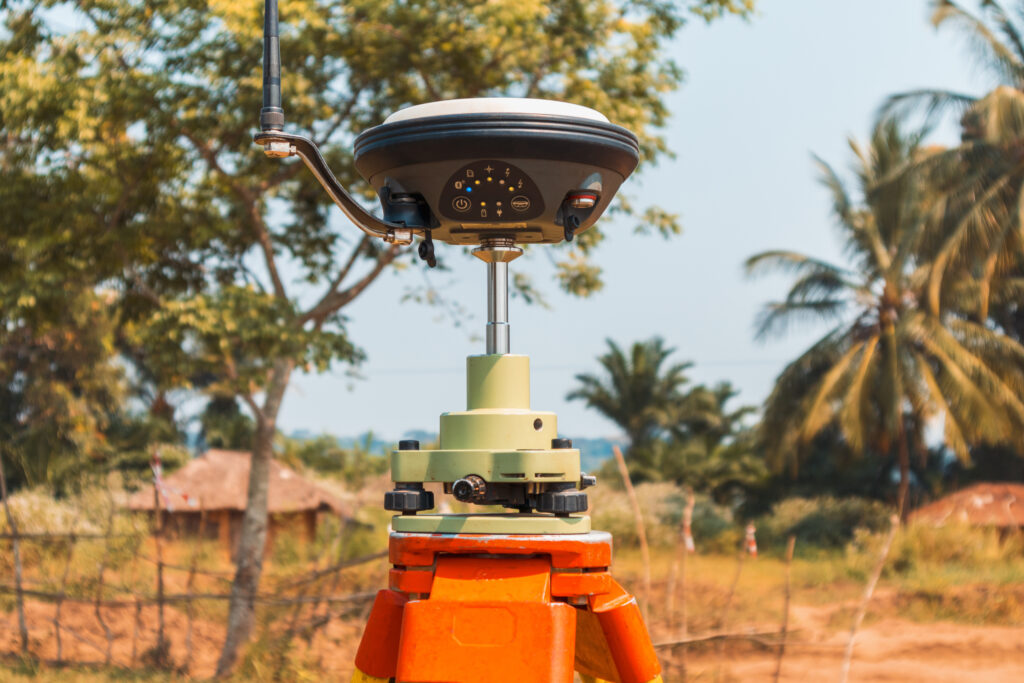 rtk gnss base station setup over a control point to transmit corrections to drone for surveying