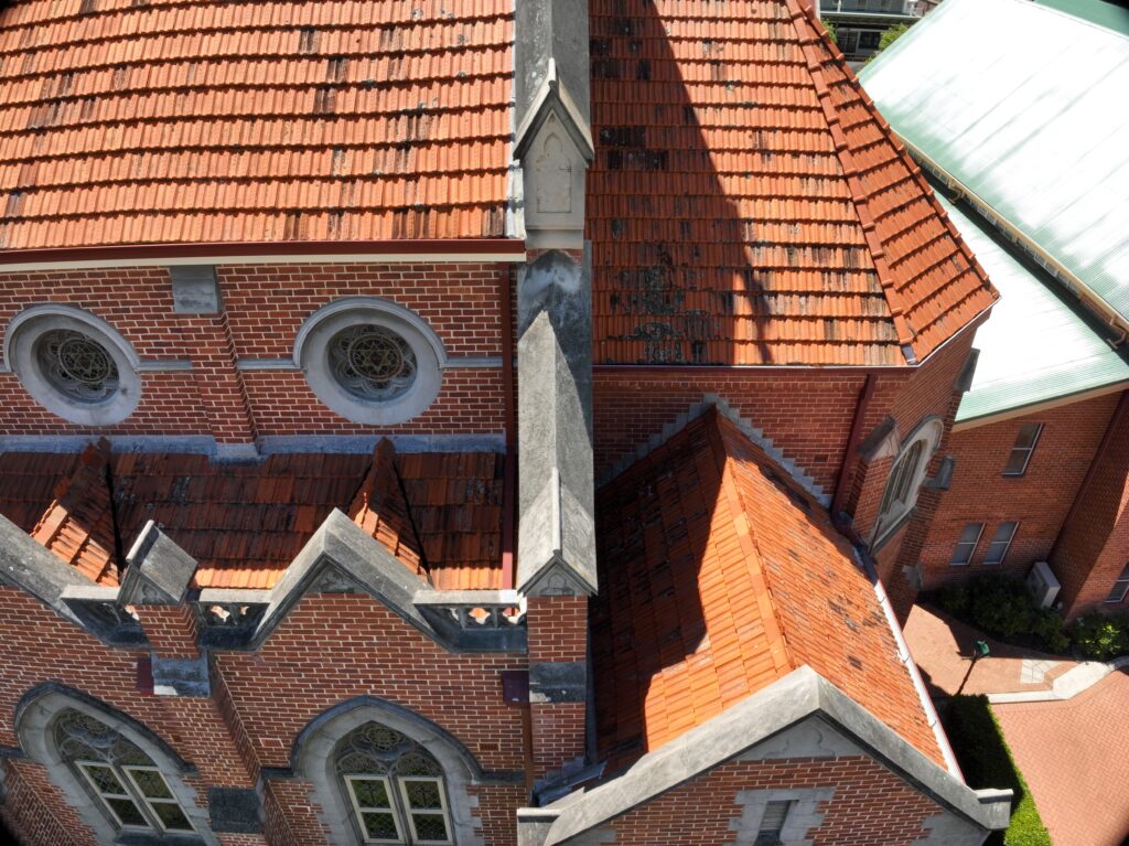 Aerial roof inspection of heritage listed 100year aold chapel in Perth